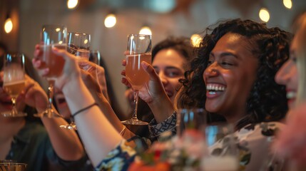 A group of women celebrating a successful fundraiser event, clinking glasses and smiling with joy