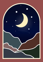 Boho, starry sky, moon, mountains, night mountain landscape