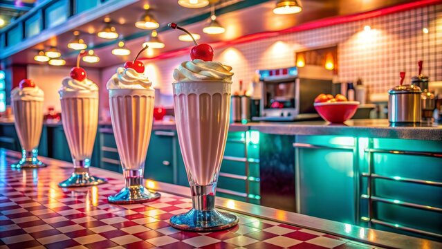 Retro styled diner counter with two whipped cream topped milkshakes, nostalgic neon lighting and vintage 50s American decor accents.