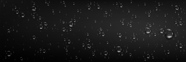 Rain water drops on glass smooth black surface. Realistic 3d vector illustration background with transparent clear aqua droplet bubbles. Wet top dark bg with pure splash waterdrop beads texture.