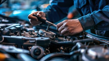 Automobile mechanic repairman hands repairing a car engine automotive workshop with a wrench, car service and maintenance, Repair service. copy space for text.