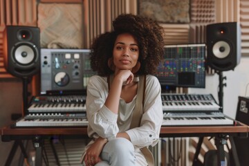 Smiling woman in music production studio