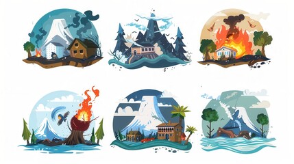 A collection of six flat illustrations depicting different natural disasters including a hurricane, forest fire, flooding, earthquake and snow blizzard. Generative AI