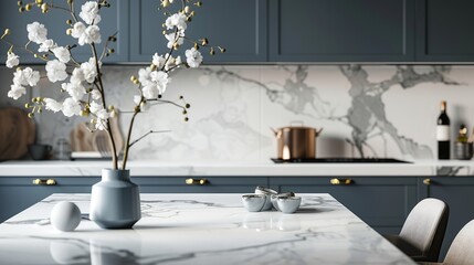 Empty and clean marble dining table in scandinavian kitchen. Modern monochrome interior with blue drawers on wooden furniture. copy space for text.