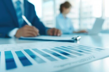 A close-up of financial graphs and charts being analyzed during a business meeting.