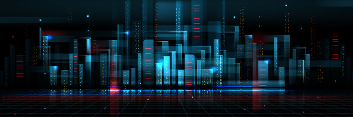 Futuristic cityscape background on wireframe landscape. Vector realistic illustration of modern urban architecture silhouettes in neon blue color on black backdrop, future technology, high tech banner