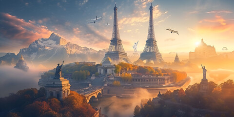 Fantasy landscape with iconic twin towers at sunrise featuring flying creatures and a serene foggy atmosphere
Enchanting cityscape with towering structures and mystical creatures in a dreamy morning