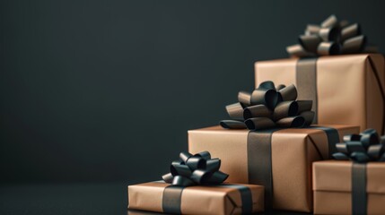 Elegant Gift Boxes in Luxurious Wrapping on Dark Background for Modern Design with Space for Text Overlay