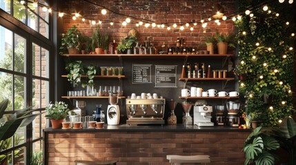 Cozy Cafe Interior with Brick Walls, Greenery, and String Lights