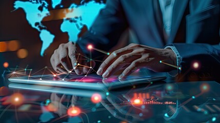Digital World Connection: Businessman Working on a Tablet with a World Map Overlay