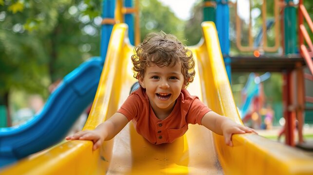 Happy preschooler boy playing on a slide on the playground in summer. copy space for text.