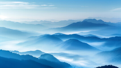 Obraz premium scenic mountain range under morning sky with sea of mist in the blue tone color.