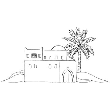 recommend clip art: Desert double decker ancient house in sand with palm tree line vector illustration in black and white. Middle East traditional architecture in Israel, Saudi Arabia or Morocco for Jewish culture