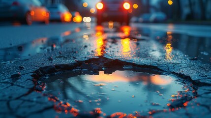 Wet Pothole on Urban Street at Dusk - Generative AI