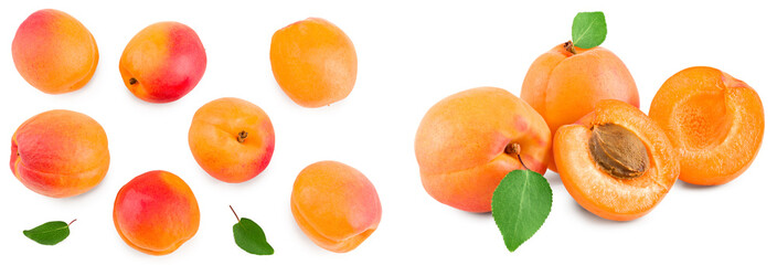 apricot fruits with green leaf isolated on white background. clipping path