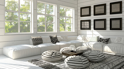 Bright living room with white furniture, modern decor, and large windows.
