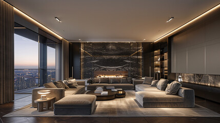 Luxurious living room with dark tones, modern furniture, and elegant decor.