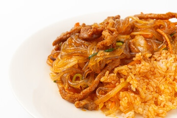 Japchae rice on a white background