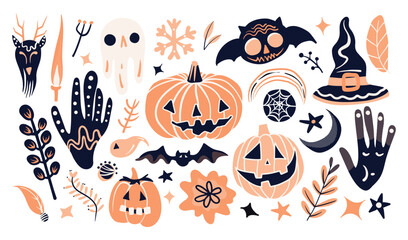 Set of isolated Halloween decoration elements in doodle hand-drawn graphic vector illustration on transparent background 5. Pastel orange and black color tone.