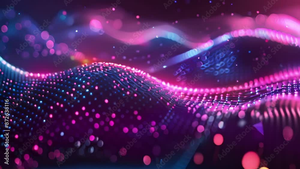 Poster a digital rendering of a wave of glowing pink and blue light.