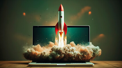 A new modern illustration of startup concept with launching Space rocket From laptop screen
