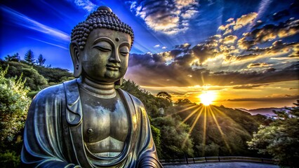 Obraz premium Stunning sunrise over a serene Buddha statue amidst lush greenery, radiating peace and tranquility in a breathtaking setting.