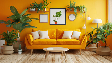 Bright living room with yellow sofa, modern decor, and green plants.