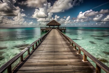 Obraz premium Stunning tropical wooden pier extending into clear turquoise waters beneath a dramatic cloudy sky, perfect for relaxation or travel inspiration.