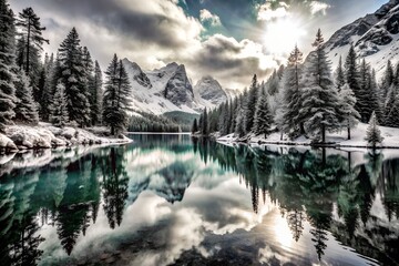 Stunning winter landscape with snow-covered mountains reflecting on a tranquil lake, surrounded by evergreen trees under a dramatic sky.