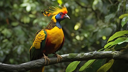 A Golden Pheasant is perched on a tree branch with lots of green leaves, contrasting with the color of its wings