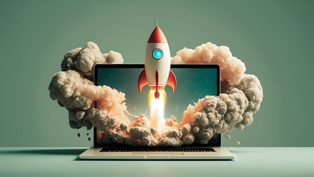 A modern illustration of startup concept with launching Space rocket From laptop screen