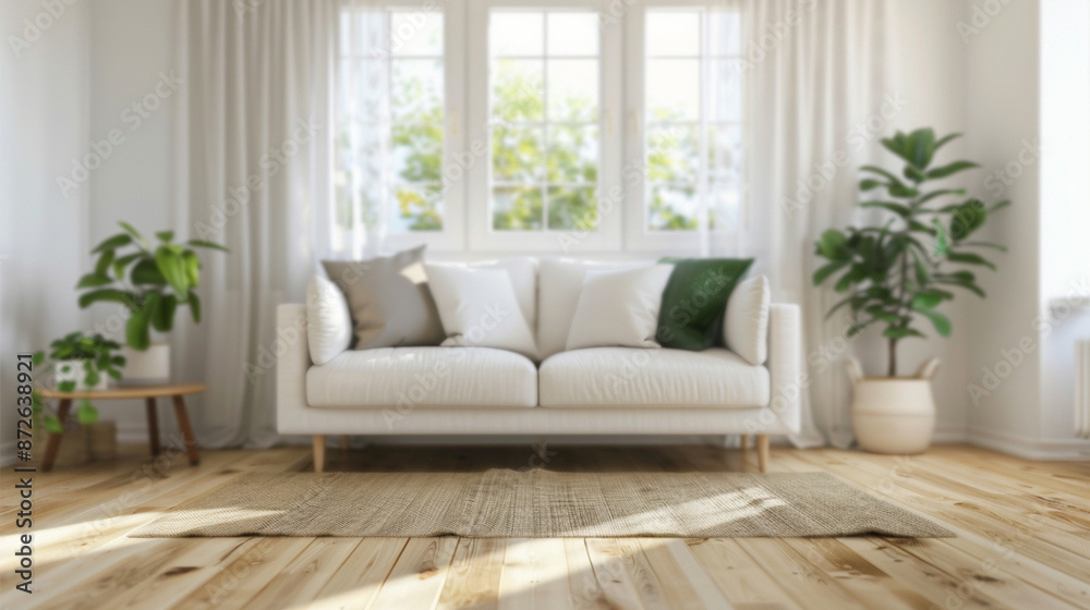 Wall mural bright living room with white sofa, green plants, and natural light.