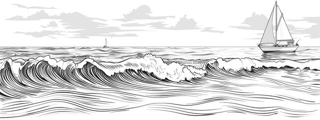 Panoramic view with sea waves. Sailboat float in the background. Sketch illustration.