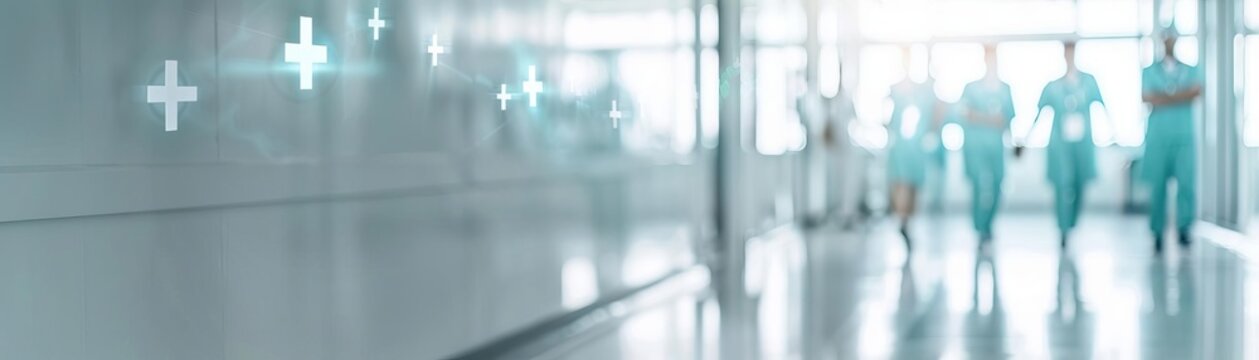 Blurred healthcare professionals walking in a hospital hallway. Modern medical facility with healthcare icons in the foreground.