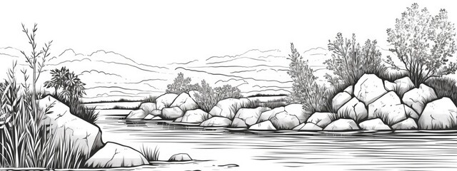 The landscape of the riverbank with reeds and grass. Sketch illustration.