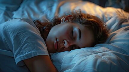 A young woman sleeps in her bed on a pillow with white bed linen.