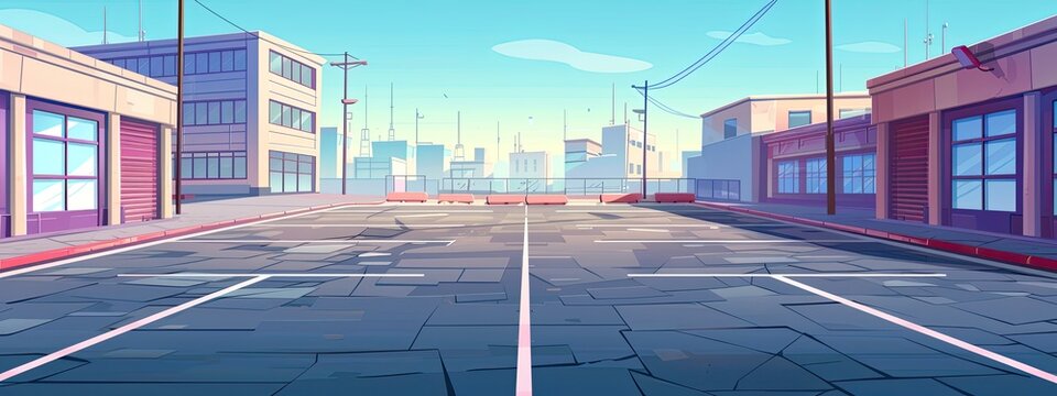 an empty parking lot on the industrial outskirts of the city with lots of parking spaces.