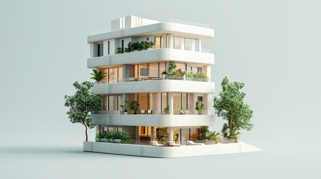 3d illustration of a minimalist hotel in axonometric projection, Toy style. on white background
