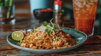 A plate of food with a green plate and a glass of red drink. The food is a stir fry with noodles and meat