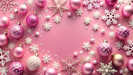 Fototapeta premium Pink Christmas Background with Snowflakes and Ornaments. Perfect for: Christmas, Winter Holidays, Seasonal Greetings, Festive Events