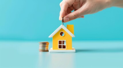 Hand putting coin into miniature house bank with stack of coins, representing savings, investment, and financial growth.