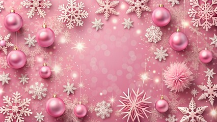 Fototapeta premium Pink Christmas Background with Snowflakes and Ornaments. Perfect for: Christmas, Winter Holidays, Seasonal Greetings, Festive Events
