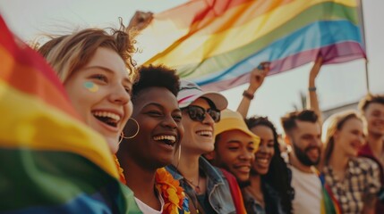 Fototapeta premium Group of young activist for lgbt rights with rainbow flag, diverse people of gay and lesbian community. Diversity and gender identity concept advertising style images