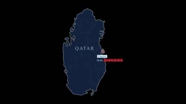 Blue Qatar map with Doha capital city and geographic coordinates on black background. Motion graphic Vfx