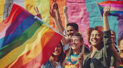 Fototapeta premium Group of young activist for lgbt rights with rainbow flag, diverse people of gay and lesbian community. Diversity and gender identity concept advertising style images