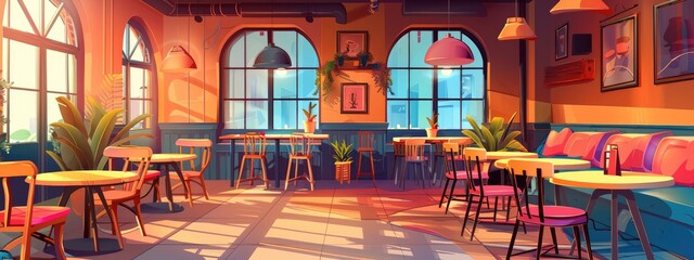 Fototapeta premium The interior of a modern cozy coffee shop with tables for visitors. Cartoon illustration.