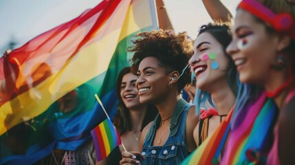 Fototapeta premium Group of young activist for lgbt rights with rainbow flag, diverse people of gay and lesbian community. Diversity and gender identity concept advertising style images