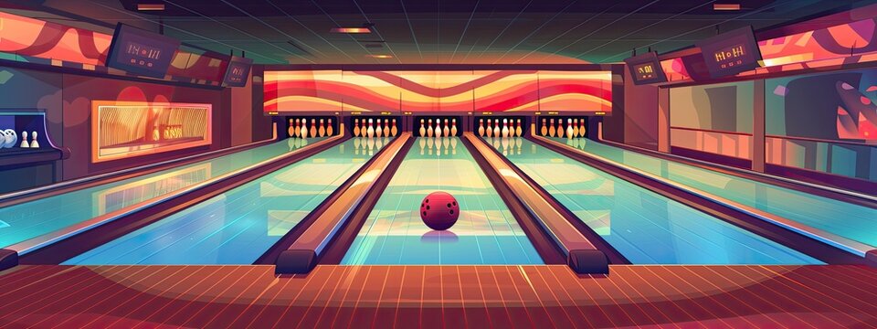 The interior of a bowling alley with lanes. Cartoon illustration.