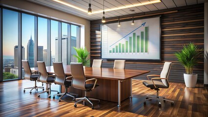 Fototapeta premium Professional business presentation setup with projector screen displaying graph growth strategy, pointer, and empty chairs around polished wooden table.