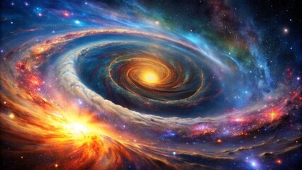 Vibrant cosmic scene featuring majestic spiral black hole swirling amidst star-studded Milky Way galaxy backdrop with radiant nebulae clouds.